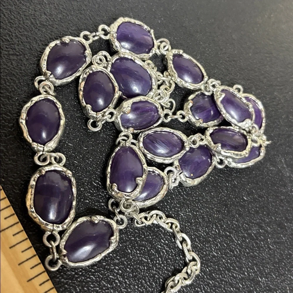 Purple Stone Linked Silver Tone Necklace Geometric Long Native American Western